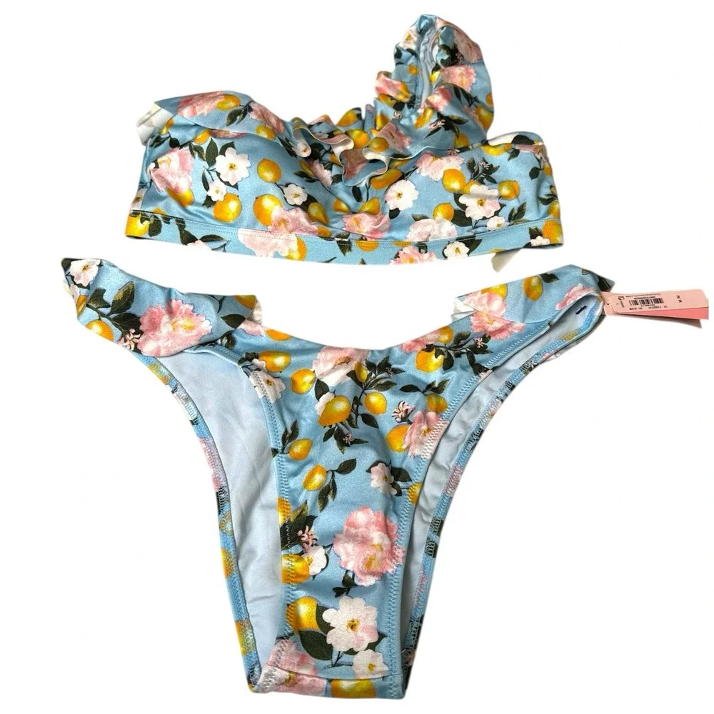 Victoria's Secret Swim Set One Shoulder Bikini Set M Amalfi Coast Blue Lemon 622